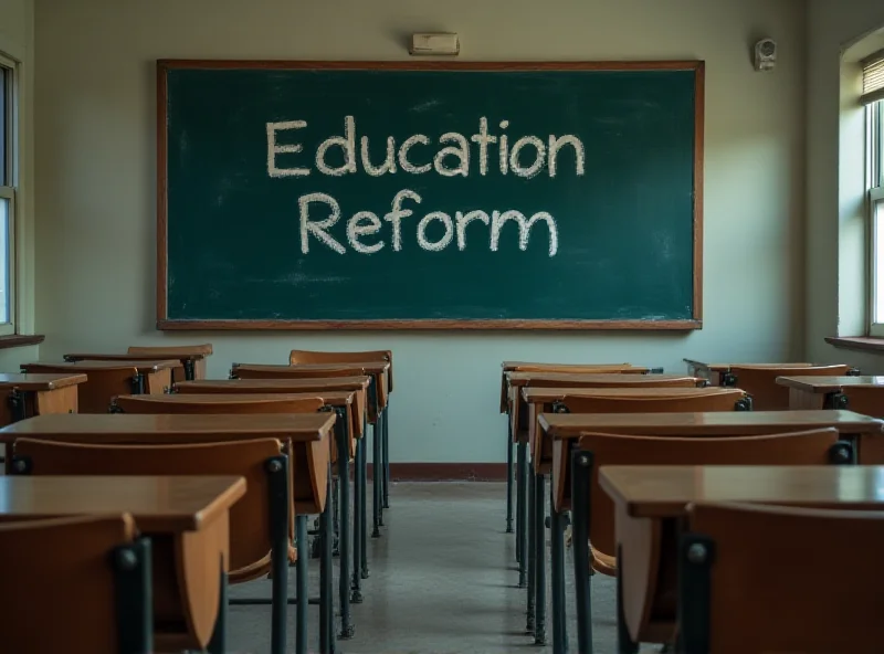 A classroom with empty desks and a chalkboard with the words 'Education Reform' written on it.