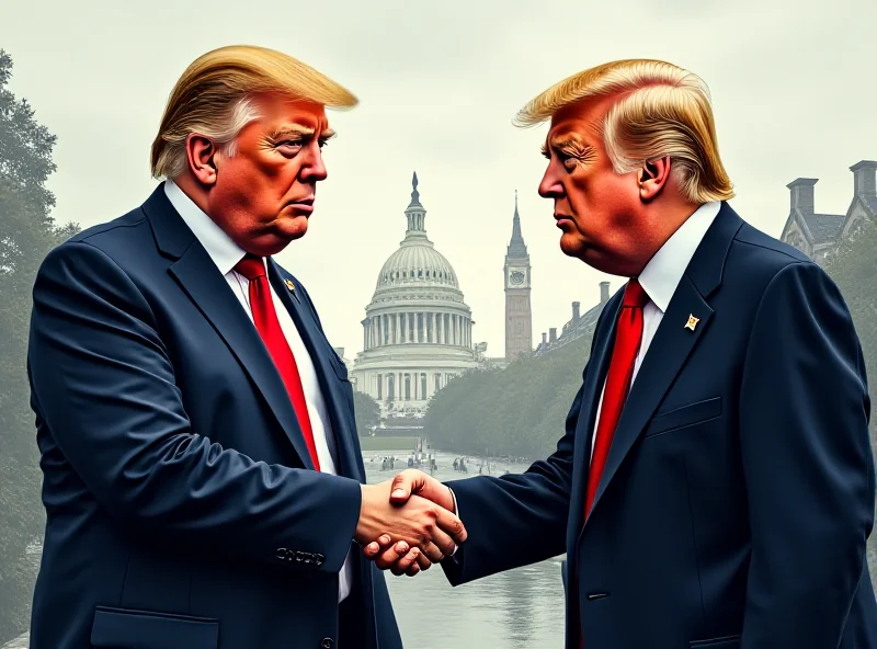 Illustration of Keir Starmer and Donald Trump shaking hands, with a blurred image of Winston Churchill in the background, symbolizing the shifting political landscape.