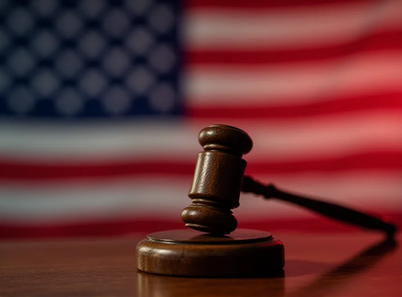 Artistic interpretation of a gavel striking down with the American flag in the background, symbolizing law and order.