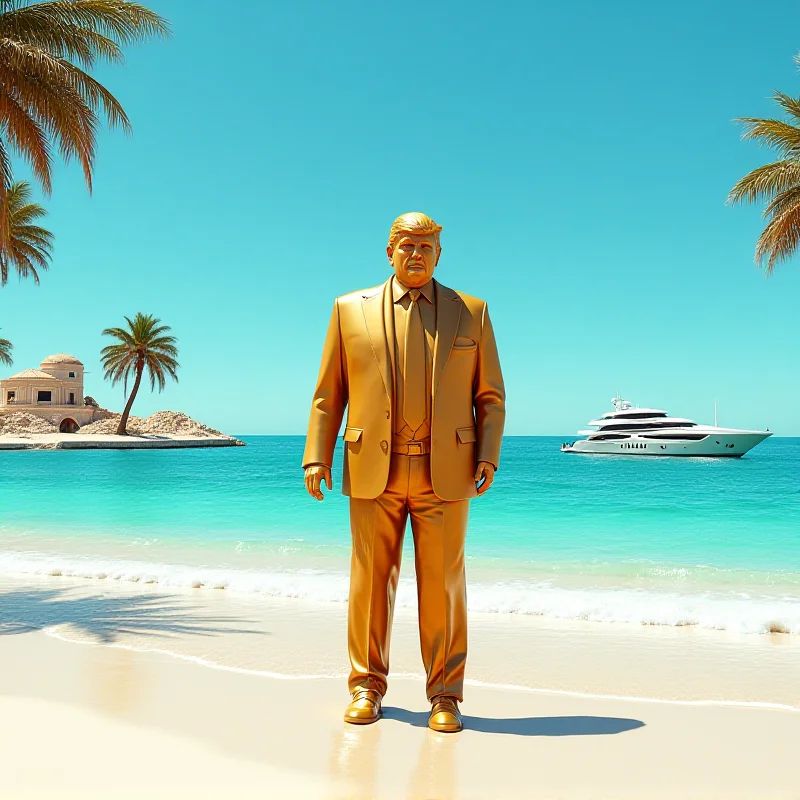 Illustration of a golden statue of Donald Trump standing on a beach.