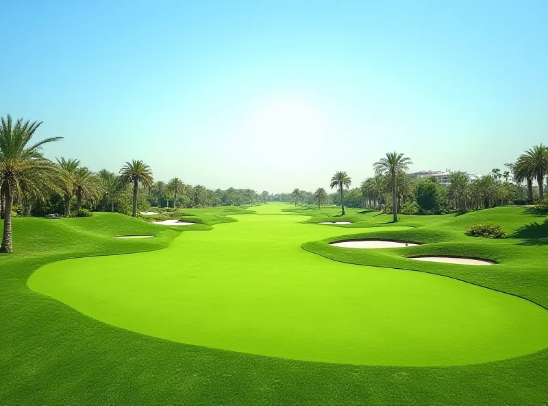 A sprawling golf course with a luxury hotel in the background. The sky is clear and sunny.