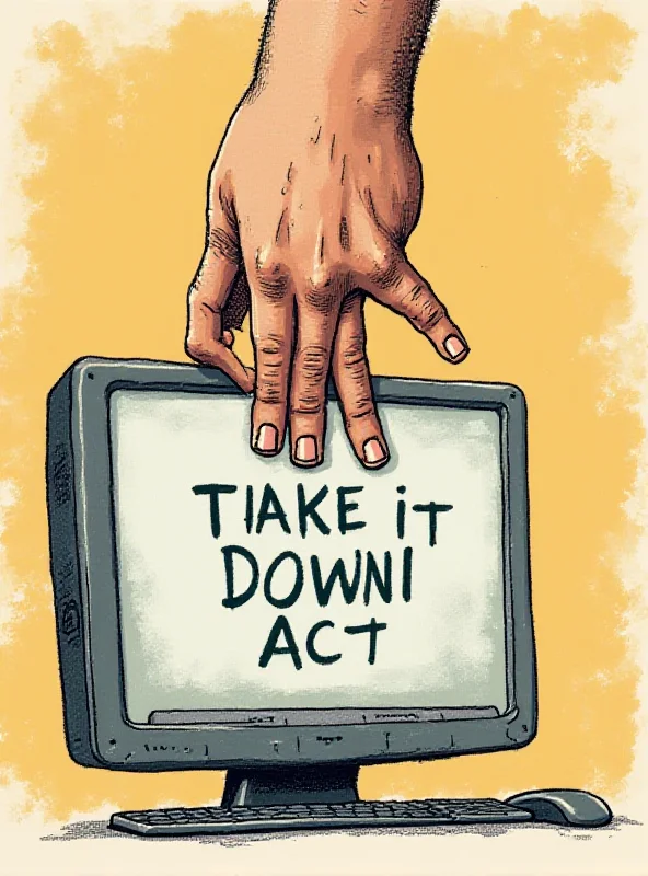 A digital illustration depicting the words 'Take It Down Act' being used to censor online content