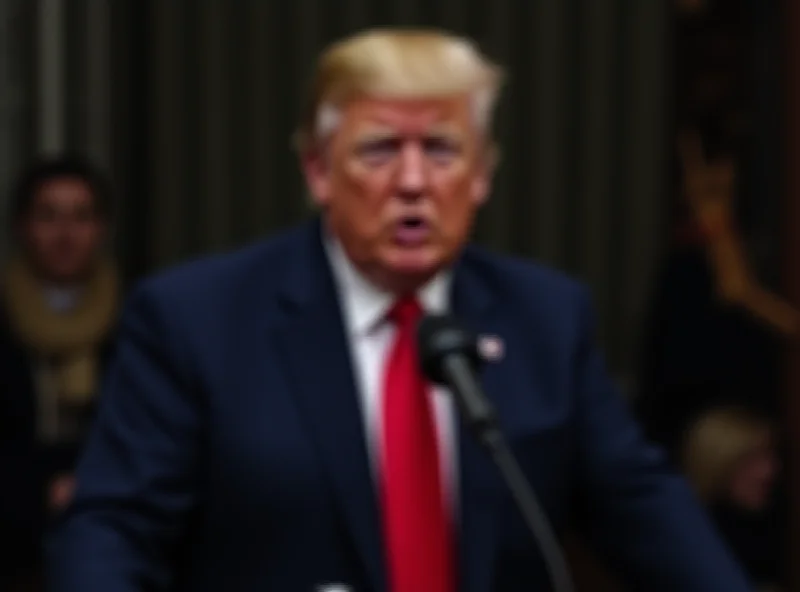 Image of a stern-faced Donald Trump speaking at a podium with microphones.