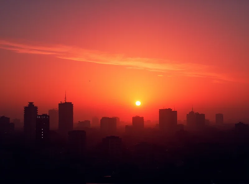Image of the Gaza skyline at sunset, with buildings silhouetted against a colorful sky.