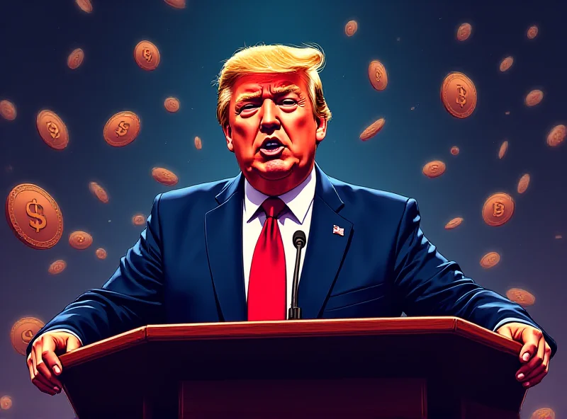 Illustration of Donald Trump speaking about cryptocurrency, with Solana logo in the background.
