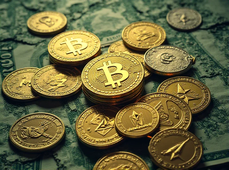Digital illustration of cryptocurrency coins with a US dollar bill in the background.