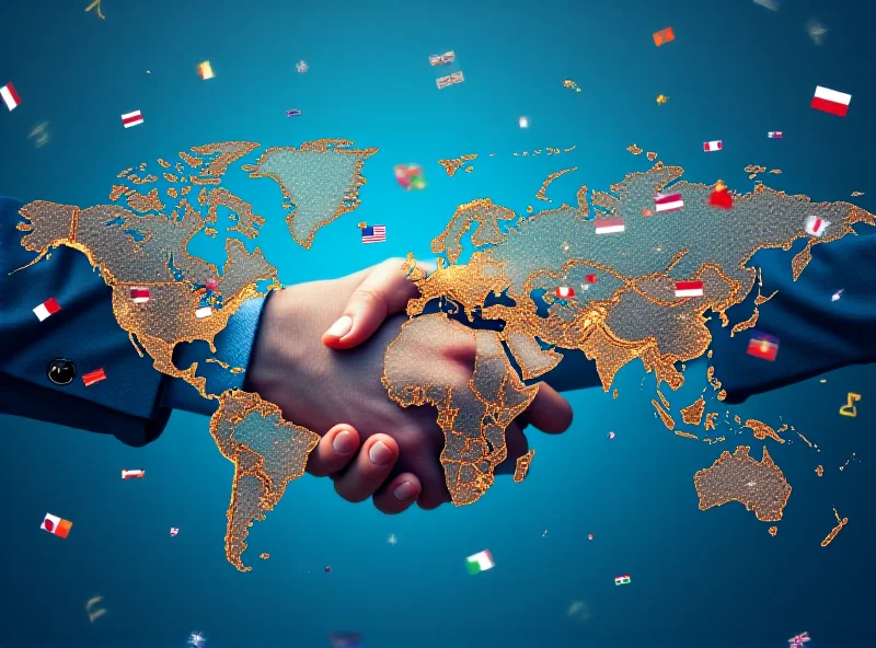 Conceptual image of international relations with flags and symbols representing different nations.