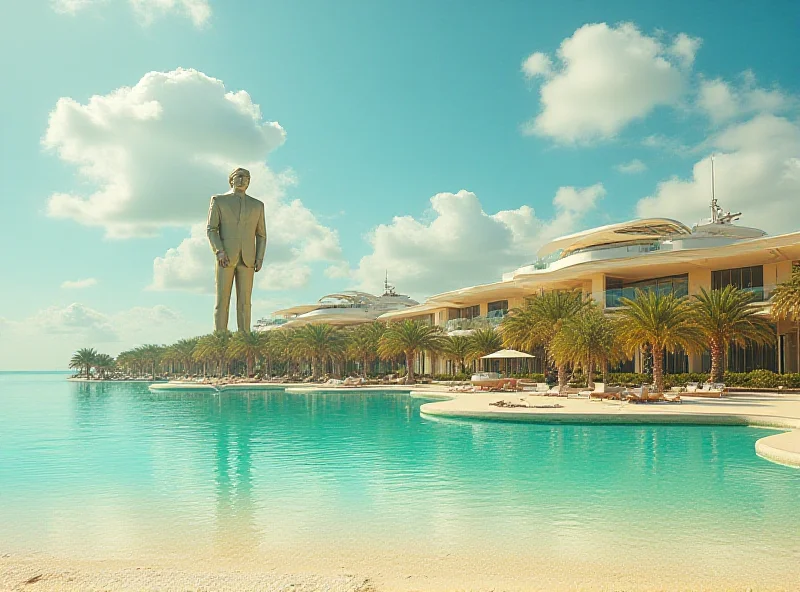 AI generated image of a luxurious resort in Gaza with a golden statue of Donald Trump overlooking the beach. In the distance, Elon Musk is relaxing on a yacht.