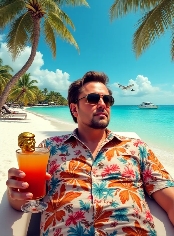 A digital painting of Elon Musk relaxing on a beach with a cocktail in hand, wearing sunglasses and a Hawaiian shirt. The background shows luxury resorts and clear blue water, with a small golden statue of Donald Trump visible in the distance.