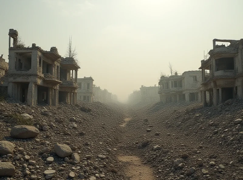 A desolate landscape depicting the ruins of Gaza, with damaged buildings and rubble everywhere, under a somber sky.