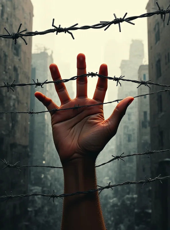A digital illustration depicting a hand reaching out from behind barbed wire, symbolizing captivity and the desire for freedom, against a blurred background of a war-torn city.