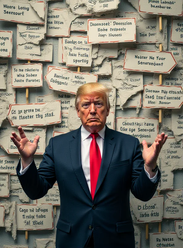 A confused businessman surrounded by signs pointing in different directions, labeled with countries and trade terms, representing the confusion caused by Trump's tariff policies.