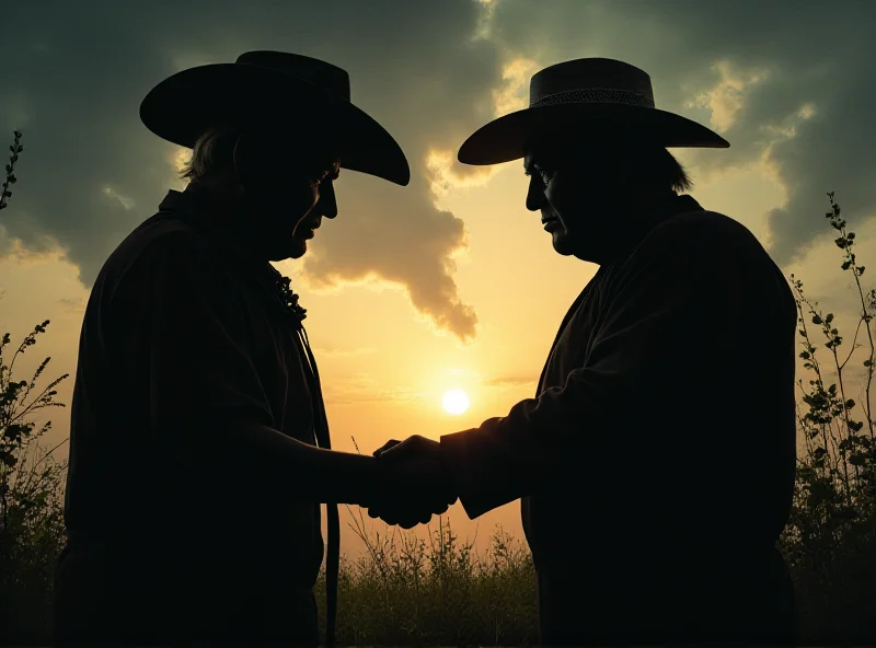 Illustration depicting a handshake between a Brazilian farmer and a silhouette representing Trump, with storm clouds looming in the background, symbolizing the risks of their alliance.