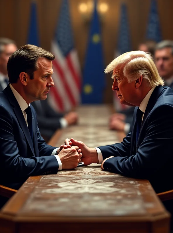 Digital painting of Emmanuel Macron and Donald Trump sitting across from each other at a long table, looking tense, with EU flags in the background.