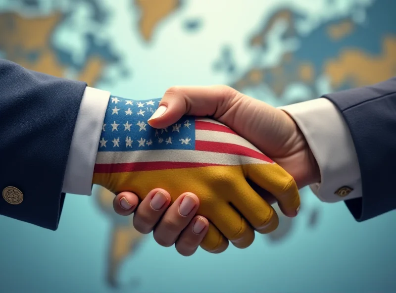 A digital illustration showing a handshake between two hands, one bearing the American flag and the other the Ukrainian flag, against a backdrop of a world map.