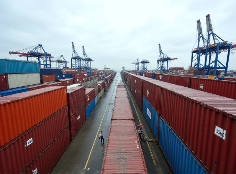Photo of shipping containers at a port, symbolizing international trade.