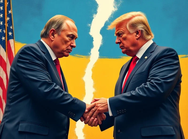 Illustration of Donald Trump shaking hands with Vladimir Putin, with a backdrop of the Ukrainian flag torn in half.