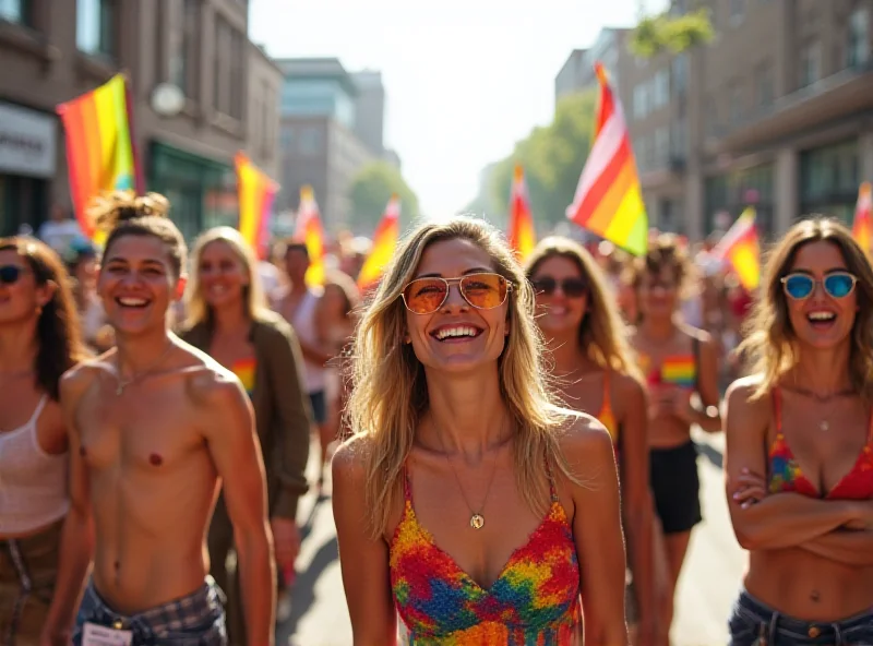 A diverse group of people marching in a Pride parade, holding rainbow flags and smiling.