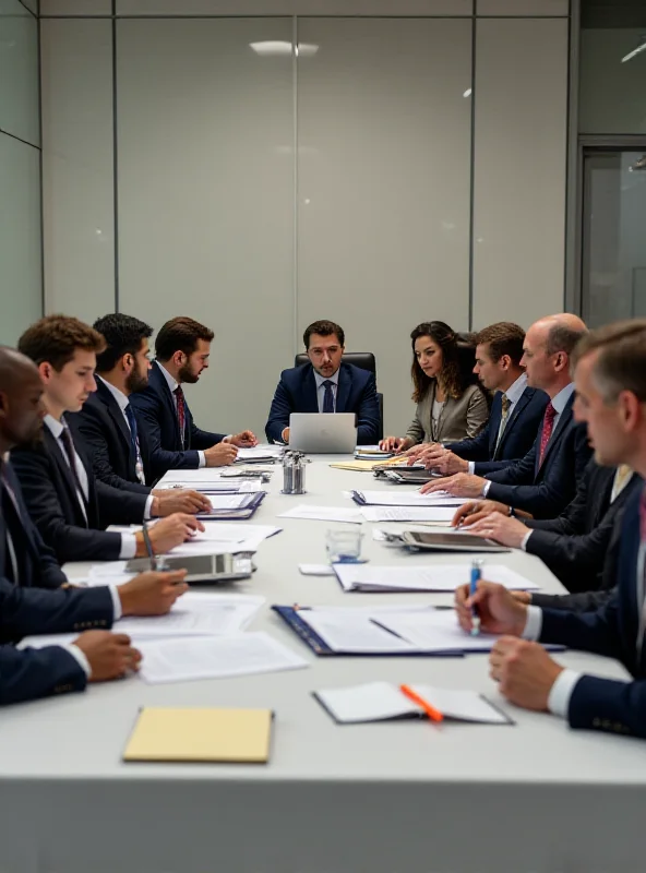 A group of people in business attire sitting at a table, engaging in a serious discussion. The setting appears to be a conference room, with documents and laptops visible on the table.