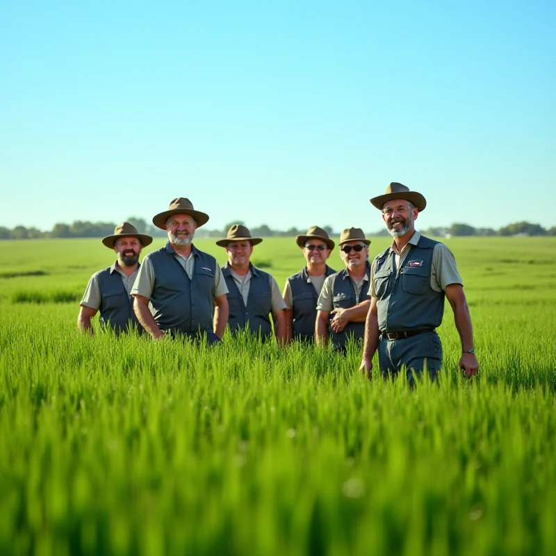 A group of workers in USDA uniforms standing in a field, inspecting crops. The sun is shining, and the scene conveys a sense of productivity and agricultural work.
