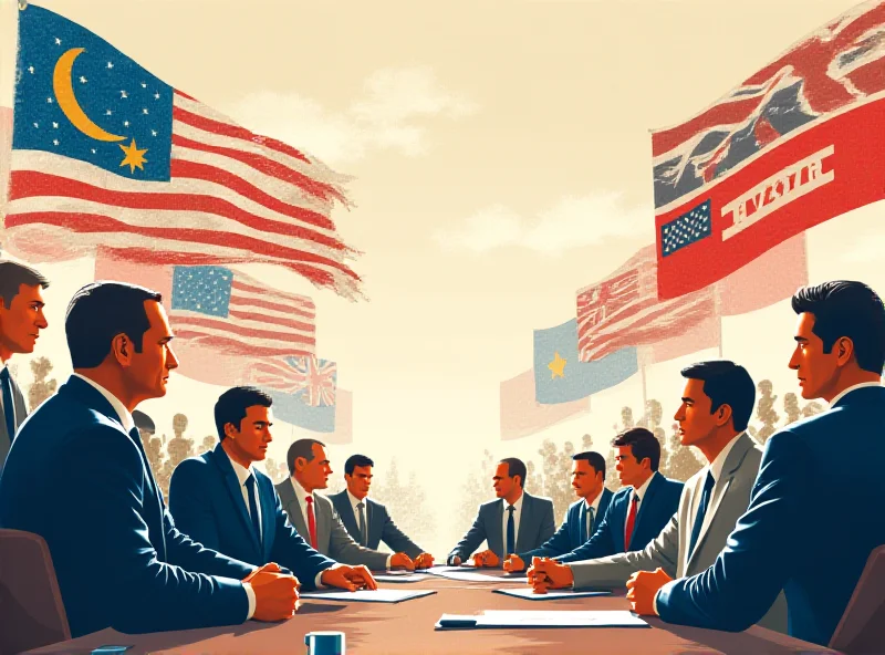 Illustration of trade negotiations with the US flag prominently displayed.