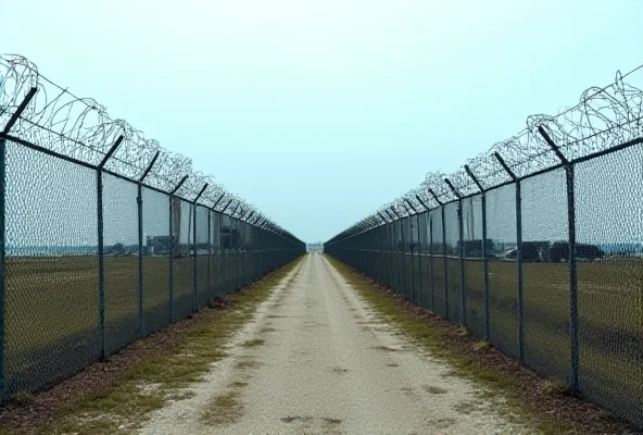 Image of Guantanamo Bay detention camp with barbed wire fences.
