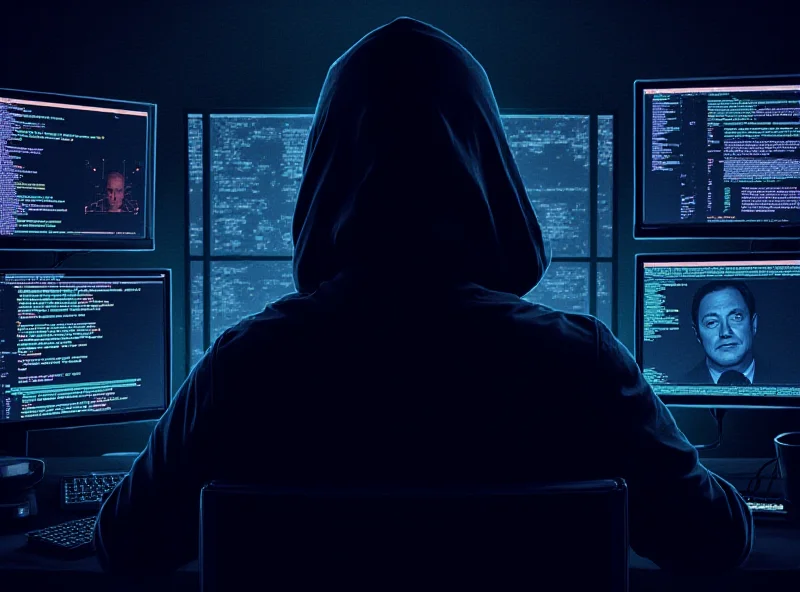 A digital illustration of a hacker in a dark room, illuminated by computer screens displaying code and abstract data visualizations.