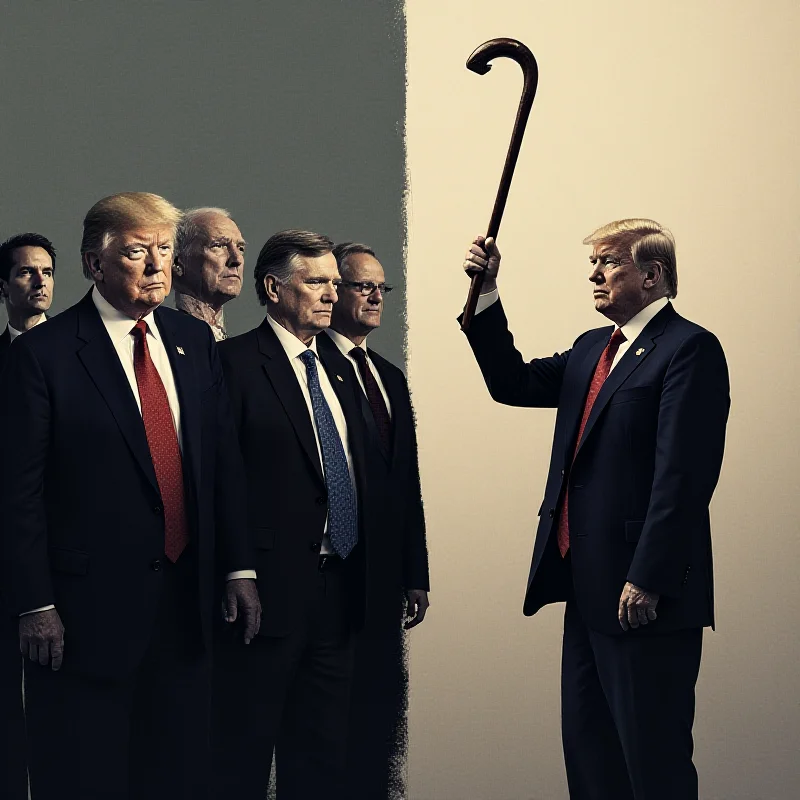 A split image showing on one side a group of Democrats in suits looking serious and contemplative, and on the other side a lone Democrat waving a cane in protest.