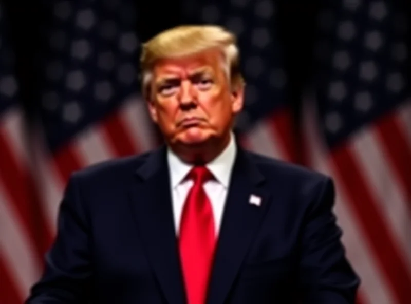 Donald Trump speaking at a podium with a serious expression, American flags in the background.