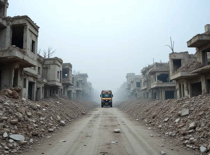 A landscape image showing the Gaza Strip, with damaged buildings and a sense of ongoing conflict. A humanitarian aid truck is visible in the distance.