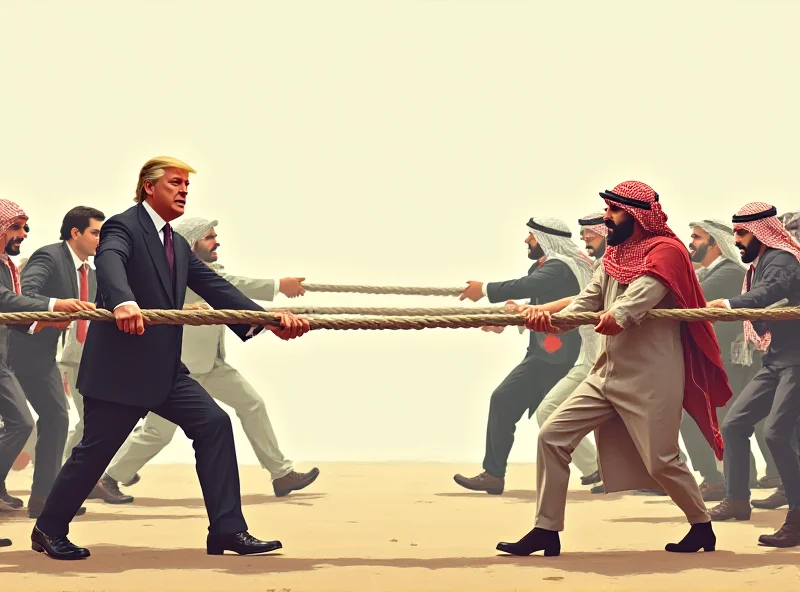 A digital illustration depicting a tug-of-war between the US and Middle Eastern countries, with a rope representing trade and diplomacy.