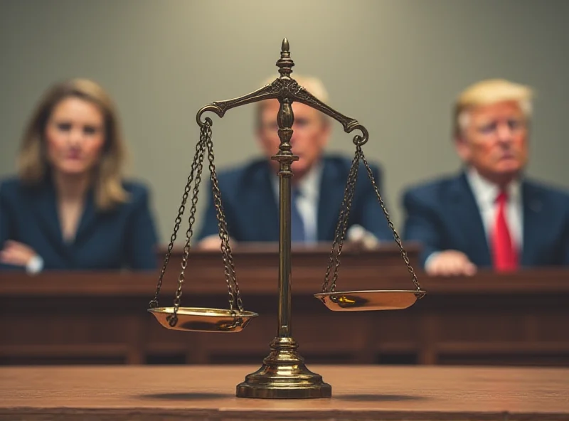 Illustration of a courtroom scene with scales of justice, representing the legal challenges faced by Trump's policies.