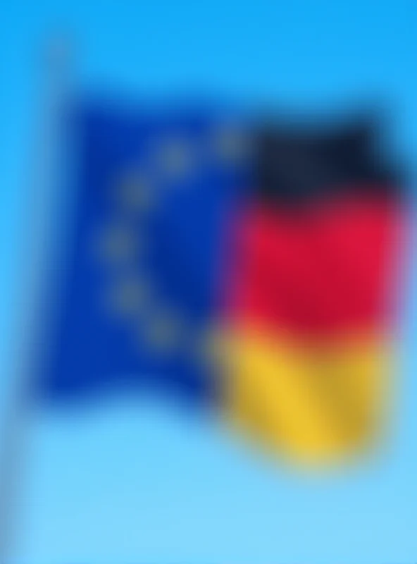 Image of the European Union flag waving in front of the German flag, symbolizing the potential for Germany to lead Europe towards greater independence.