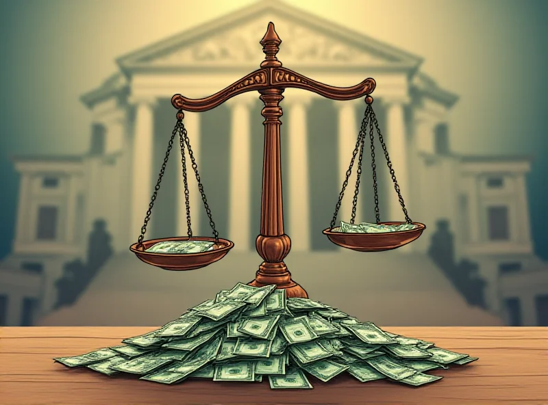 Illustration of scales of justice tilted towards money.