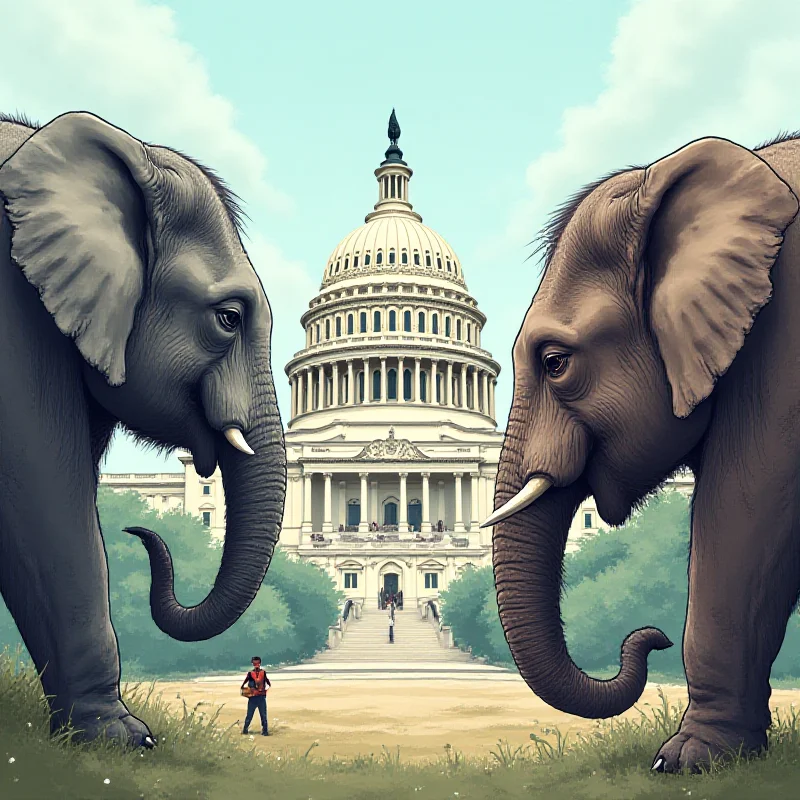 Illustration of a divided government with opposing political parties facing each other.