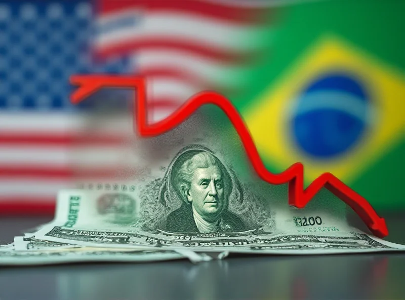 Digital illustration of a graph showing the dollar value declining sharply against the Brazilian Real currency symbol, with the US and Brazilian flags in the background.