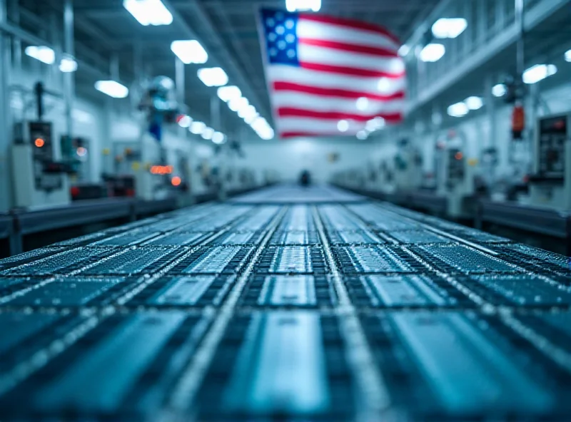 A wide shot of a modern semiconductor factory with robotic arms working on wafers, emphasizing the scale and advanced technology of the facility. In the background, the American flag waves gently.