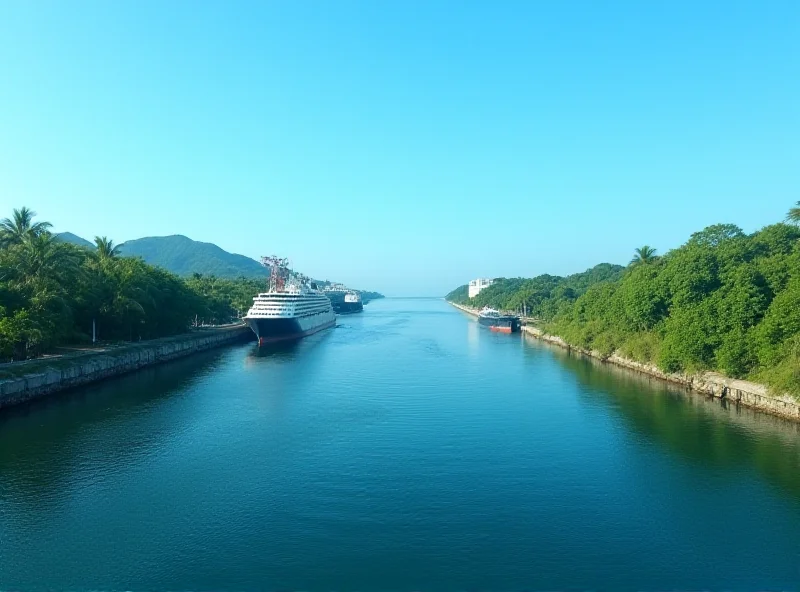 Image of the Panama Canal with ships passing through, representing international trade and geopolitical importance.