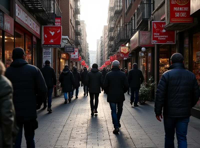 A street scene showing a mix of people, but with a noticeable absence of foot traffic in front of small shops, illustrating the impact of deportation fears on local businesses.