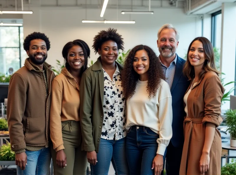A diverse group of people standing together in a workplace setting, representing diversity and inclusion policies.