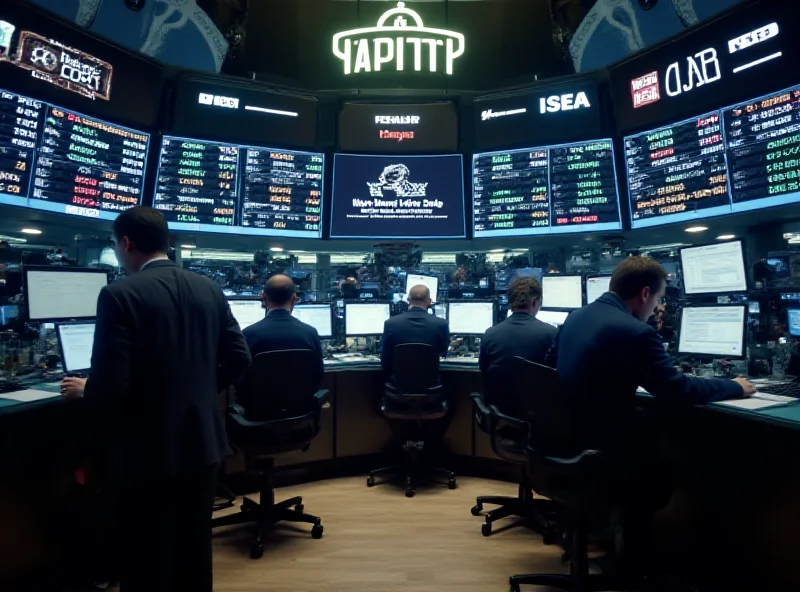 A bustling Wall Street scene with flashing stock tickers and anxious traders, conveying a sense of market volatility.