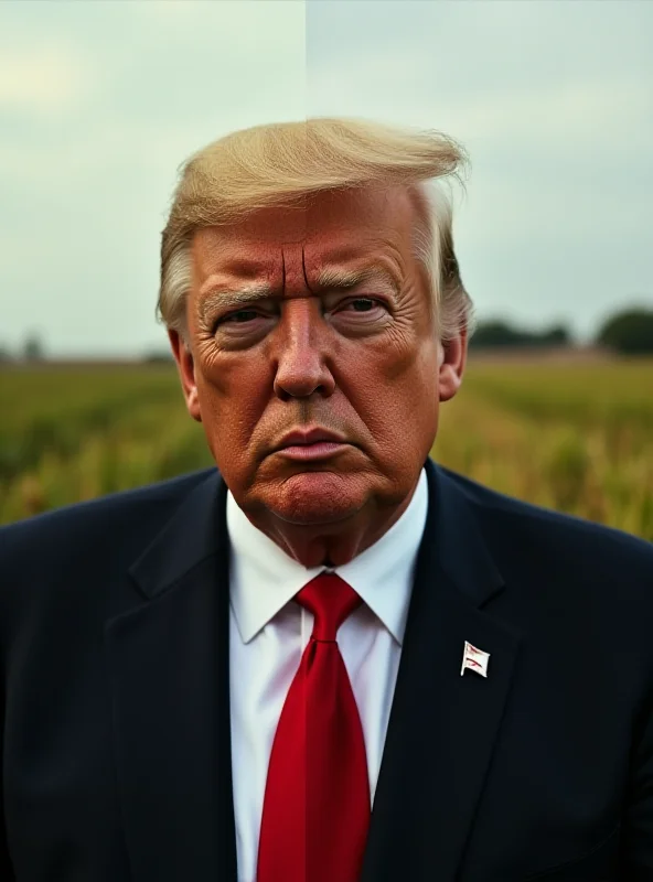 A split image showing a worried Mexican farmer on one side and a smiling Trump on the other, symbolizing the tariff situation.