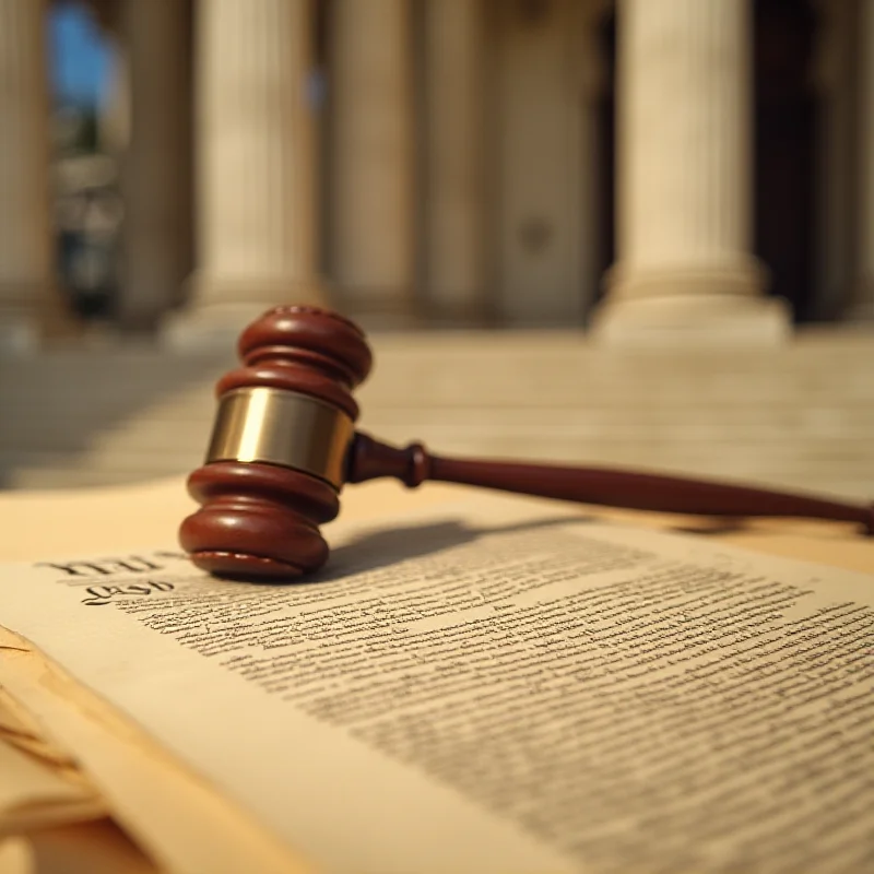 A gavel resting on a copy of the U.S. Constitution with a blurred image of the Supreme Court in the background.