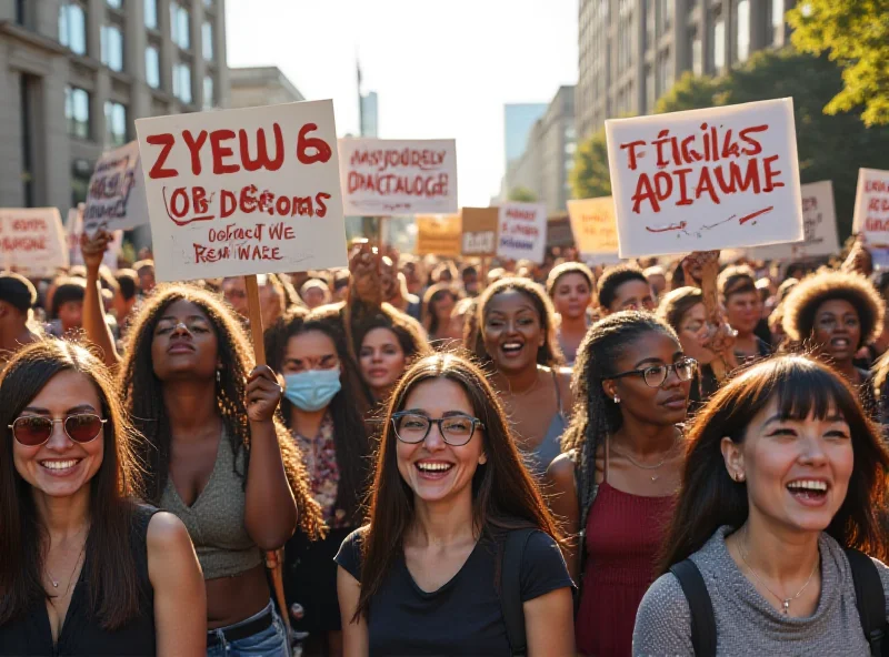 A group of people holding signs during a protest march.