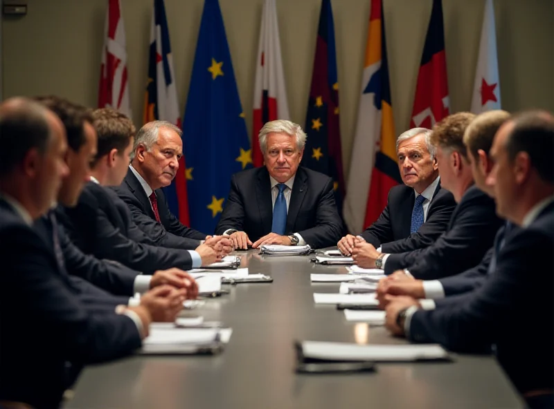 European leaders in a meeting, discussing international relations with a worried expression.