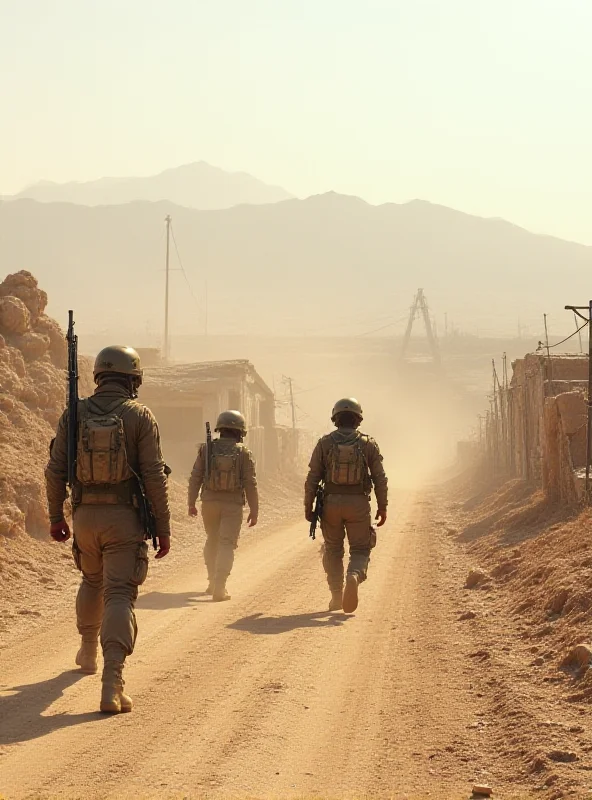 A tense scene in the Middle East, with soldiers patrolling a border area. Dust and smoke fill the air.