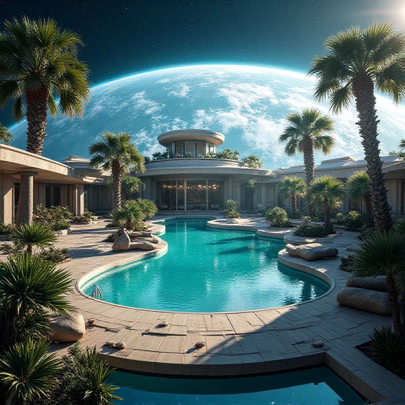A futuristic space station with luxury amenities, resembling a resort, orbiting Earth. A sense of artificiality and commercialism is present.