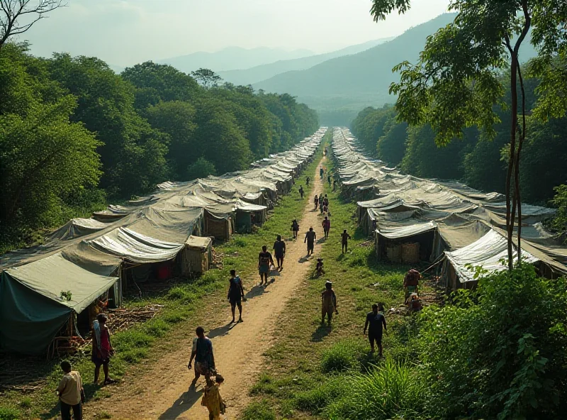 A photo of a refugee camp along the Thai-Myanmar border, showing tents and people carrying supplies.