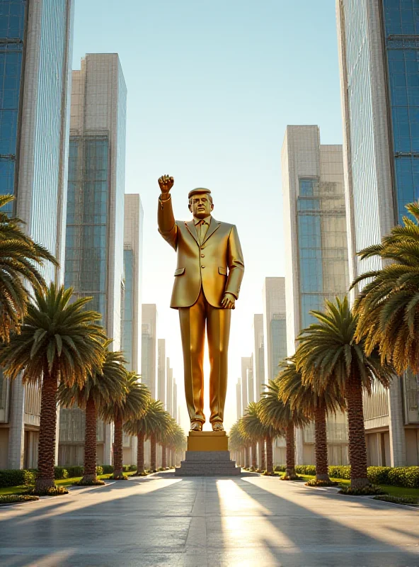 A digitally rendered image of a futuristic Gaza, featuring modern buildings, luxury hotels, and a large golden statue.