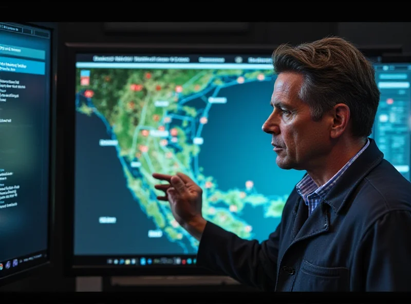 A worried meteorologist looking at a weather map on a computer screen, highlighting concerns about staffing cuts affecting forecast accuracy.